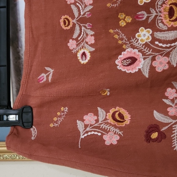 100% Linen Embroidered Floral Skirt  Rust Color Concert Coachella Sexy Large - Picture 5 of 10